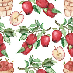 Watercolor pattern of red apples, baskets of apples and halves of apples.Beautiful pattern of branches with red apples isolated on white background.