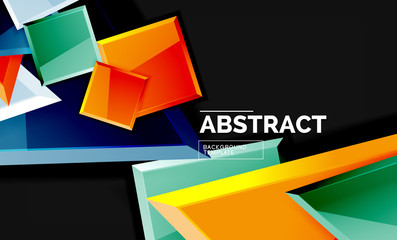 Glossy mosaic style geometric shapes - squares and triangles on black