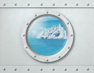 Ship porthole with iceberg in ocean behind it. 3d illustration.