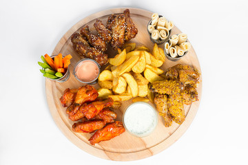 Fast food dish on white background. Fast food set fried chicken and french fries. Take away fast food.