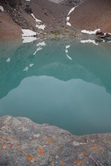 Reflection of a mountain landscape in the turquoise water of a lake. lake on the Altai highlands