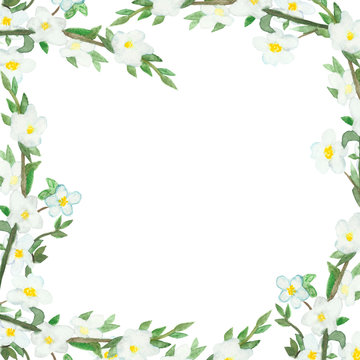 Watercolor hand painted frame with apple fruit blooming branches with white flowers with the place for text, for invitations and greeting cards