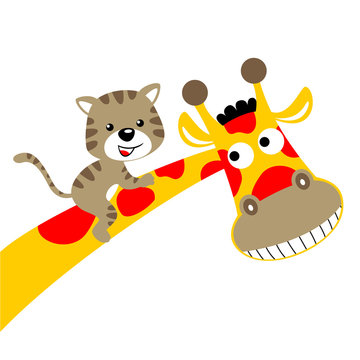 Giraffe cartoon with little cat