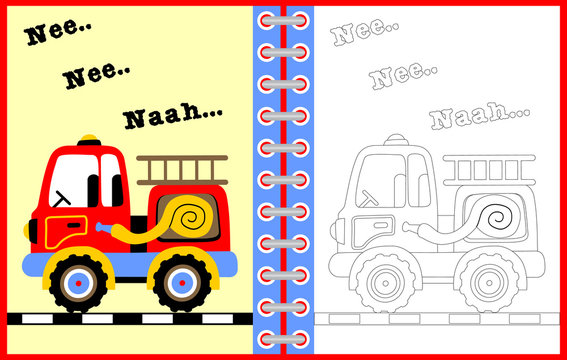 fire truck vector cartoon illustration, coloring page or book