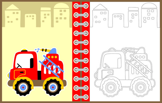 fire truck vector cartoon illustration, coloring page or book