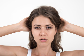 Fototapeta premium Beautiful woman with healthy body on white background