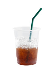 Cola in plastic cup with straw and ice isolated on white background