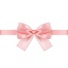 Realistic pink bow with horizontal ribbon isolated on white background. Vector decor. 