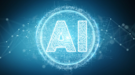 Digital artificial intelligence text hologram 3D rendering