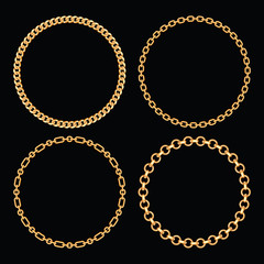Set collection of round frames made with golden chains. On black. Vector illustration - 257823562