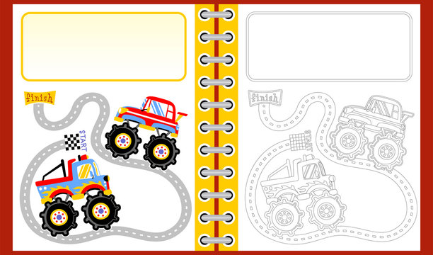 monster truck racing cartoon, coloring book/page
