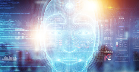 Robotic man cyborg face representing artificial intelligence 3D rendering