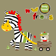 Obraz na płótnie Canvas zebra and little bear on cart, vector cartoon illustration