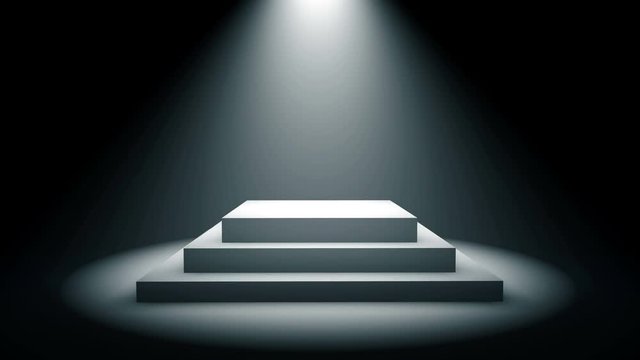 Empty square podium, pedestal or platform illuminated by volume spotlights. Set of bright searchlights on black background. Digital 3d animation.