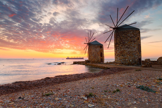 Sunrise image of the iconic windmills in Chios town.