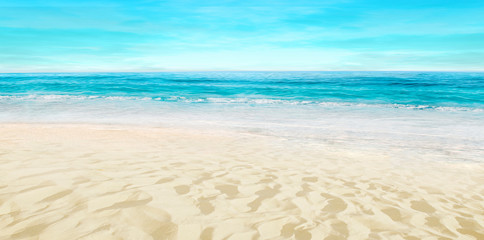 Empty sandy beach. Splashing waves on the seashore. Summer.