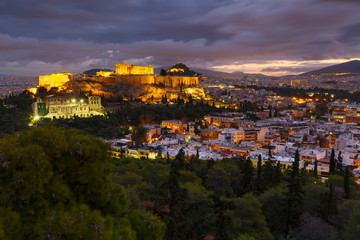 Fototapeta premium View of Acropolis from Filopappou hill at sunrise, Greece. 