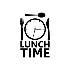 Time for lunch symbol, logo, Clock with fork spoon and knife