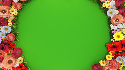 Ring of flowers on a green background.