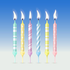 Set of Birthday candles with burning flames. Realistic vector illustration. 