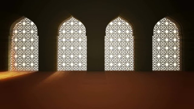 Islamic interior mosque window or door with beam of ray light coming inside . Ramadan Kareem islamic motion background. 3d animation.