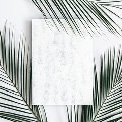 Fototapeta premium Summer composition. Tropical palm leaves, marble paper blank on pastel gray background. Summer minimal concept. Flat lay, top view, copy space, square