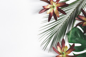 Summer composition. Tropical flowers and leaves on white background. Summer concept. Flat lay, top view, copy space