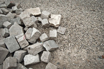 Paving the street in the city. Replacement of old paving tiles. Repairs. Chernivtsi, Ukraine, Europe, March 2019.