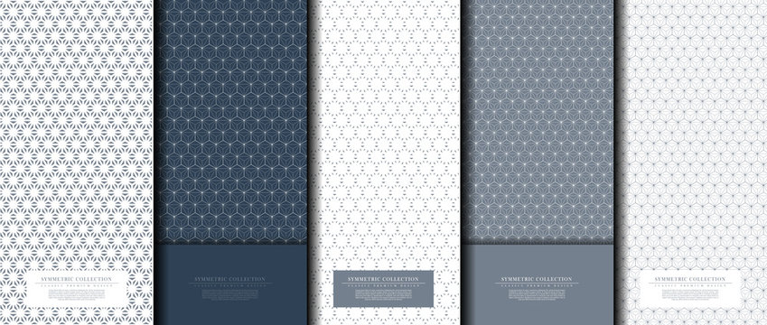Symmetric collection abstract pattern hexagonal geometic navy background copy-space template vector