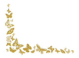 Golden glitter butterfly silhouettes kite texture in corner on white. Elegant butterflies hover theme vector in gold. Cool insect soar backdrop for invitation, fashion, luxury. Vector illustration.