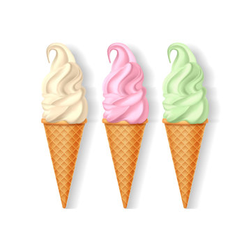 Set of realistic ice cream cones on white background. Vector colorful illustration.