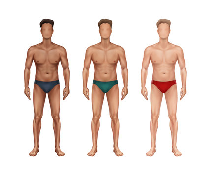 Vector illustration of three standing man with different nationalities and skin types and in underwear on background
