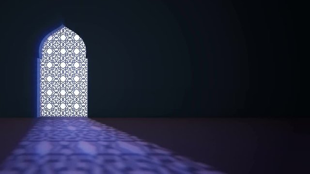 Islamic interior mosque window or door with beam of ray light coming inside . Ramadan Kareem islamic motion background. 3d animation.