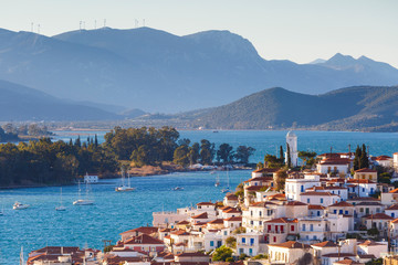 View of Poros island and mountains of Peloponnese peninsula in Greece. 