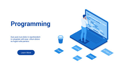 Isometric landing page template for programming. Vector illustration mock-up for website and mobile website