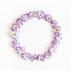Flowers composition. Purple flowers on white background. Spring, easter concept. Flat lay, top view, copy space