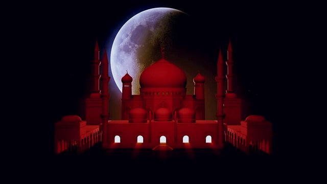 Beautiful mosque and big rotating moon on night star sky. Ramadan Kareem islamic motion background. 3d animation.