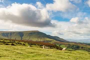 View over the landscape of the Brecon Beacons National Park with Twmpa mountain on the left, seen...