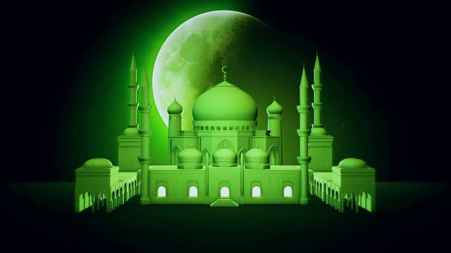 Beautiful mosque and big rotating moon on night star sky. Ramadan Kareem islamic motion background. 3d animation.
