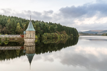 Evening view over the Pontsticill Reservoir and the Valve tower near Merthyr Tydfil, Mid Glamorgan,...