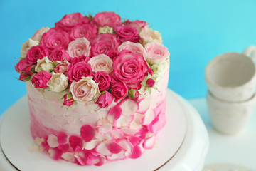 Tasty Birthday cake on table, closeup