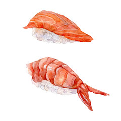 Sushi set. Salmon and shrimp. Watercolor illustration.