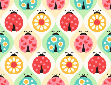 seamless ladybugs cartoon pattern - Vector