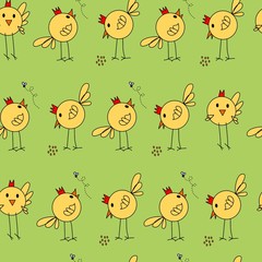 Chicks, hand drawn seamless vector pattern. Spring, Easter theme. Cute colorful drawings on green background.