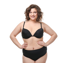 Obraz premium Happy plus size woman on white background. Concept of body positive