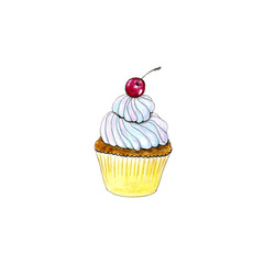 Hand drawn watercolor isolated cupcake with cherry
