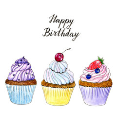 Hand drawn watercolor three cupcakes card