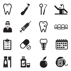 Dental Icons. Black Flat Design. Vector Illustration. 