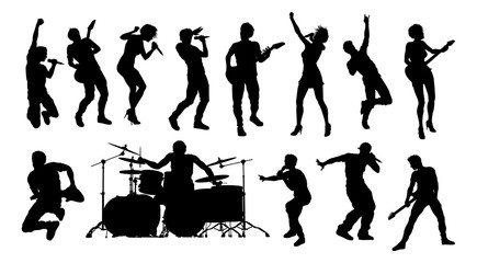 High quality silhouettes of musicians in a rock or pop band with singers, drummers, and guitarists