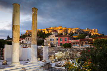 Remains of Hadrian's Library and Acropolis in the old town of Athens, Greece. 
